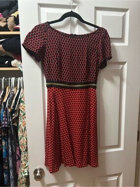 Maeve Red and Black Patterned Mini Dress with belt detail